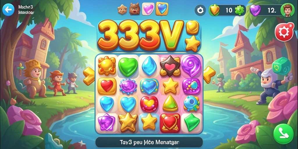 Screenshot gameplay 333V dengan elemen-elemen match-3 yang penuh warna.