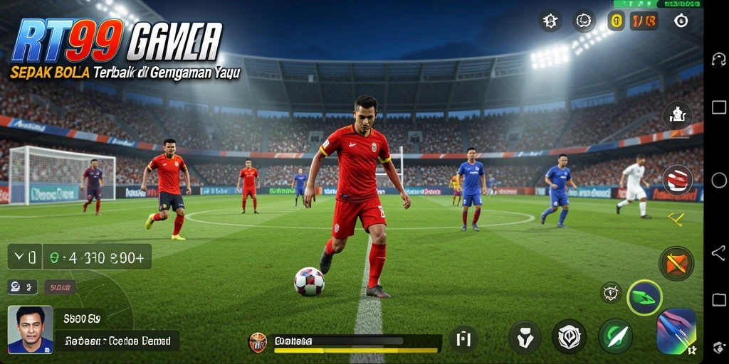 Tampilan utama RT99 menunjukkan aksi seru sepak bola.