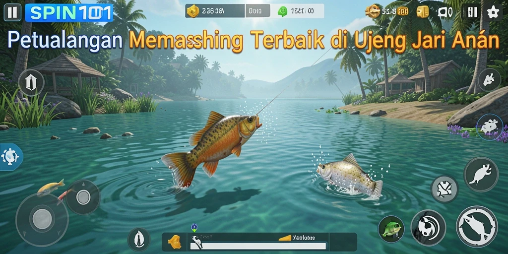 Tampilan gameplay <strong>SPIN101</strong> menunjukkan keseruan memancing di lokasi yang menakjubkan.