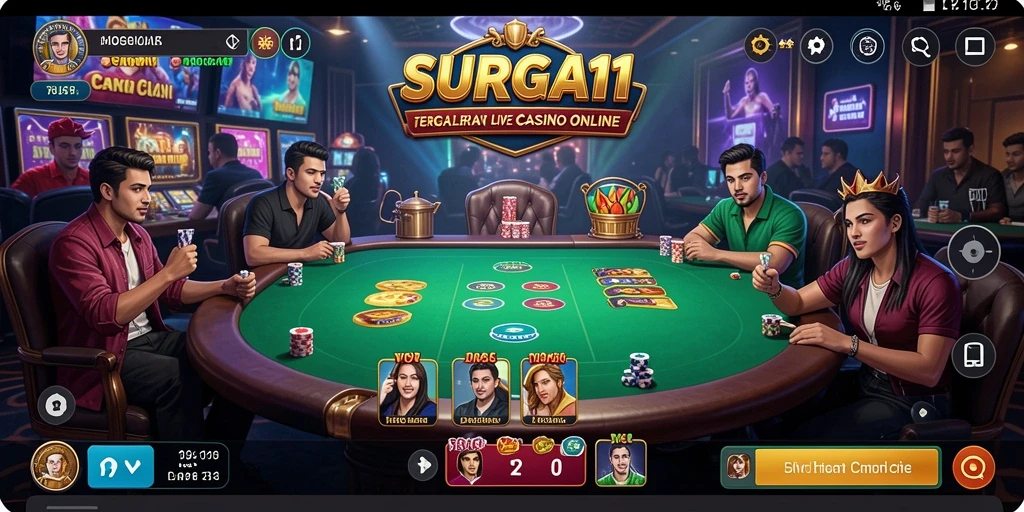 Screenshot gameplay menunjukkan dealer yang tersenyum dan pemain yang terlibat aktif.